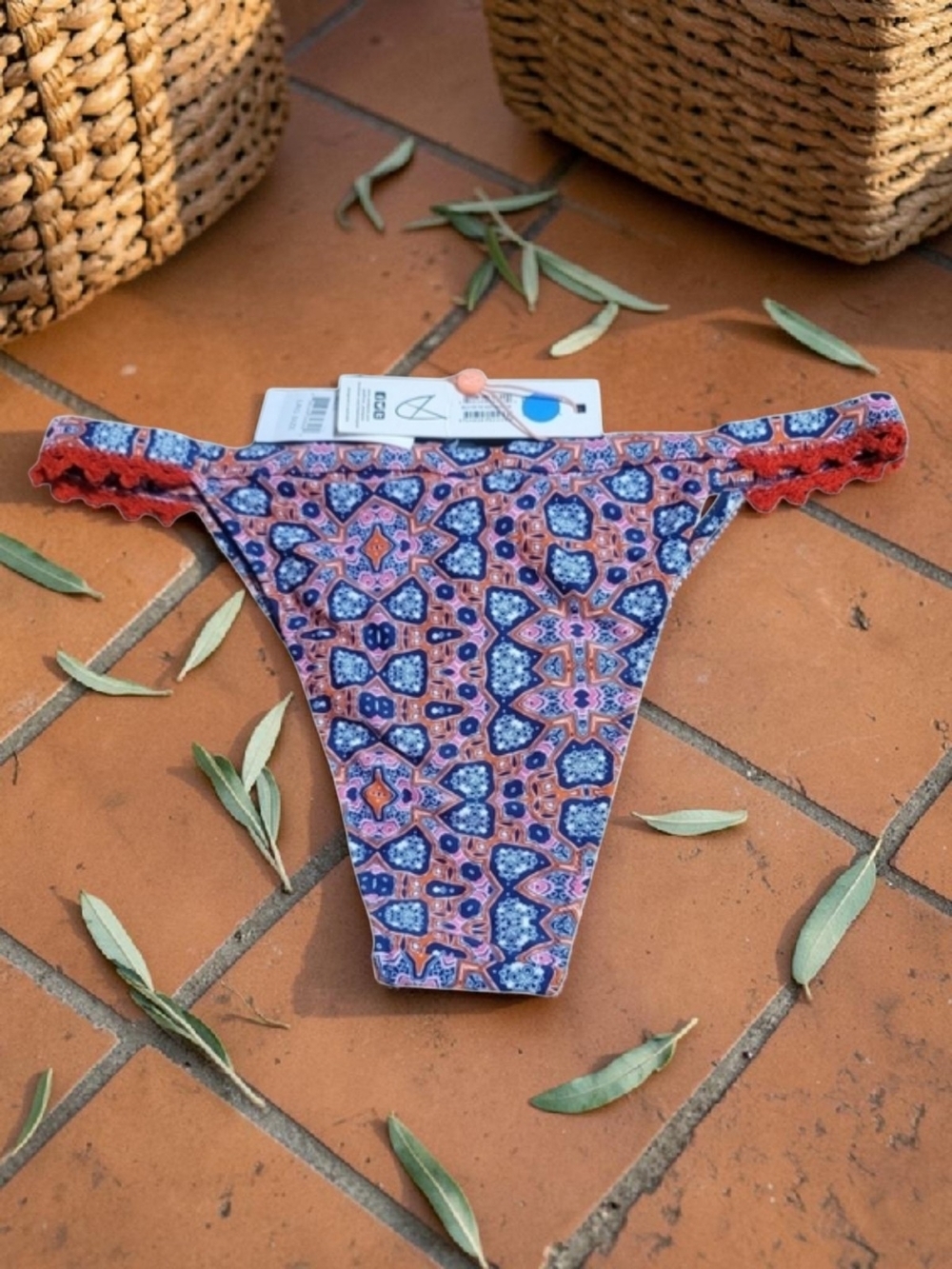 MINKPINK - Large Pink, Navy & Orange Paisley Bikini Bottoms with Lace Trim - Picture 2 of 5